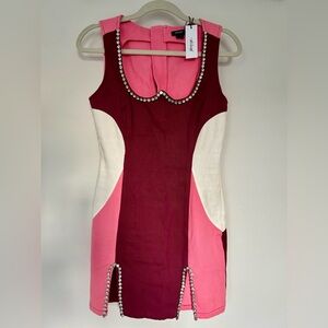 Pink and white NastyGal Diamante Trim Denim Mini Dress, NWT, Size 4